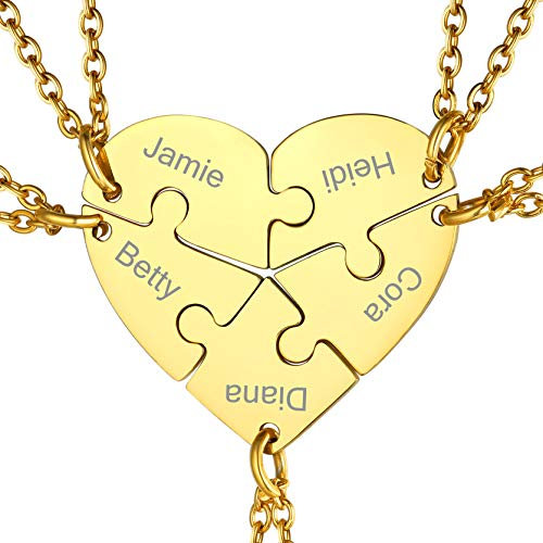 GOLDCHIC JEWELRY Gold Customized Personalized 5 Set Necklaces, Matching Heart Puzzle Puzzle Piece For Family Best Friend BBF Gift