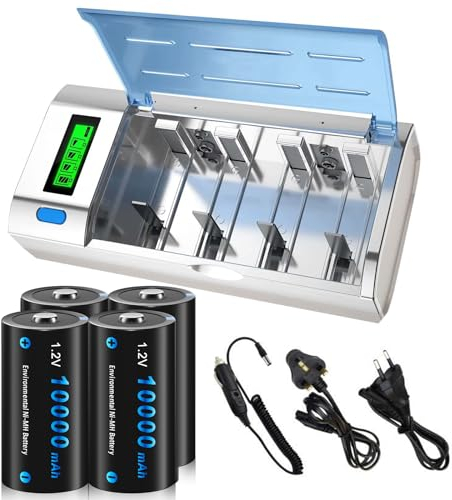 CITYORK Universal LCD Display Battery Charger with Discharge Function For AA, AAA, C, D, 9V Ni-MH Ni-CD Rechargeable Batteries with 4 x Ni-MH D Size 10000mAh Battery and UK Standard Charging Cable