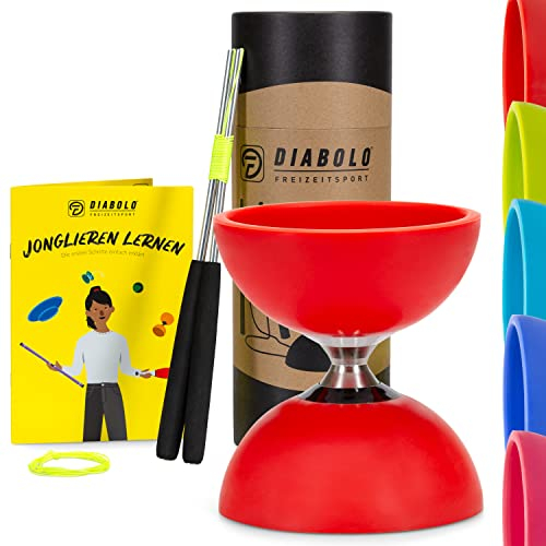 Diabolo Freizeitsport Jonglier-Set Pro mit kugelgelagertem Diabolo (rot), Handsticks aus Aluminium, Ersatzschnur & Anleitung - mit Geschenkverpackung