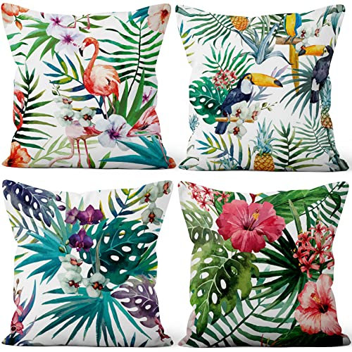 Aoihrraan Kissenbezüge 4er Set, Tropischer Sommer Wurfs Kissenbezug Flamingo Blatt Blumen Muster Weicher Kurzer Plüsch Quadrat Kissenbezug für Sofa Couch Schlafzimmer Auto Stuhl Wohnkultur 45x45cm