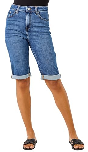 Roman Originals Denim Shorts for Women UK Ladies Knee Length Stretch Jean Cropped Capri Jegging Turn Up Hem Cut Off Summer High Waisted Trouser Smart Pants Casual - Denim - Size 16
