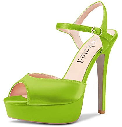 Saekcted Mujer Alto High Heel Plataforma Sandalias Correa Tobillo Abierta Punta 13 CM Heels de Boda Fiesta Sexy Romanas Zapatos Verde Lima Satín 35 EU