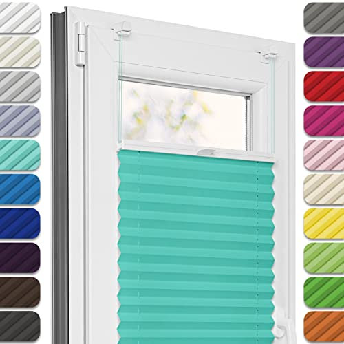Estika Plissee ohne Bohren, Premium Klemmfix - 75cm Breite x 200cm Höhe - Türkis - Metal Plisseehalter ohne Bohren, Modern Sichtschutz für Fenster, Jalousien Fenster für innen
