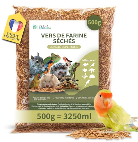 Detox Organica vers de Farine Séchés 500g =3250ml - Premium 100% Naturel | Friandise pour Animaux Sauvages + Compagnie Oiseaux, Hérissons, Tortues, Reptiles, Poissons, Rongeurs - Sans additifs
