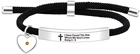 Religiöses Bibelvers-Armband für Frauen und Mädchen, christliches Ermutigungsgeschenk, schwarze Schnur, Edelstahl, gravierte Platte, Stangenarmband, 23 cm, Edelstahl
