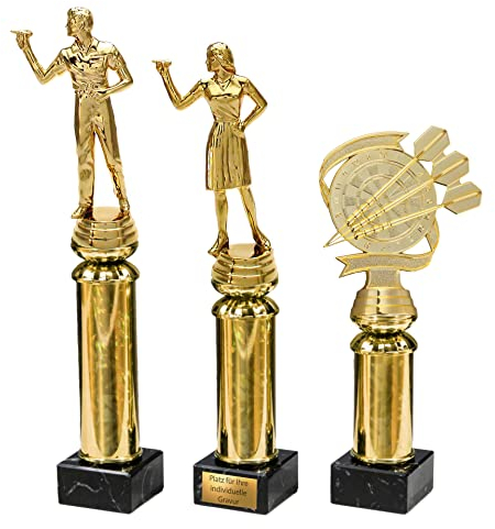 eberin · Dart Pokale 3 Figuren Mann, Frau, Dartscheibe/Dartpfeile auf Goldsäule/Marmor schwarz · Dart Trophäe · Dart Preis · Dartclub Award · Pokal mit Gravur · (Herren/H: 31,4cm)
