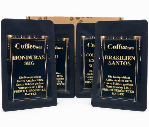 Coffret Dégustation Café en Grain 100% Arabica - 4 Cafés du Monde 4x125g - Torréfaction Artisanale, Grains Frais à Valve - Doux à Corsé - Idée Cadeau Homme Femme pour Machines Automatiques - Coffeenes