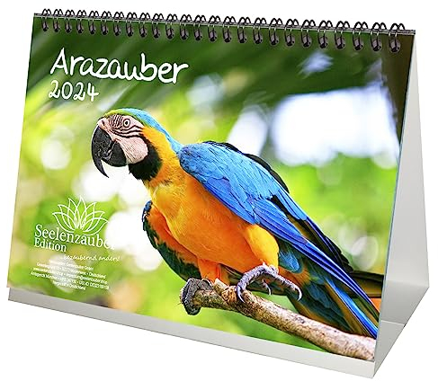 Arazauber DIN A5 Tischkalender für 2024 Ara Papageien - Geschenkset Inhalt: 1x Kalender, 1x Weihnachtskarte (insgesamt 2 Teile)