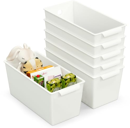 Plastic Storage Bins 6 Pack with Clip Labels & Chalk Marker, Front Handle Design, 11x5 Pantry Organization and Storage Open Top Baskets for Shelves Closet Cabinet Sink Counter Cupboard Drawer Rridge