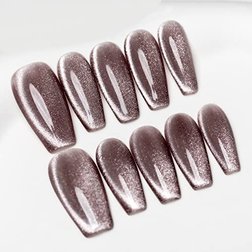 Sun&Beam Nails Handmade Press-on Medium Long Coffin Ballerina Grey Magnet Solid Color glossy Design Fashion False Nail Tips 10 Pcs Set (#087 M)