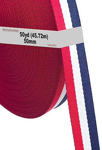 46 m x 50mm Sangle en Polyester Sangle Coloré - épaisseur 1,3 mm - Ruban Tissu Ceinture pour Sacs, Sac à Dos, Bagages, Sangles de Cargaison, Décoration, DIY... Rouge Blanc Bleu TKB5074 redwhiteblue