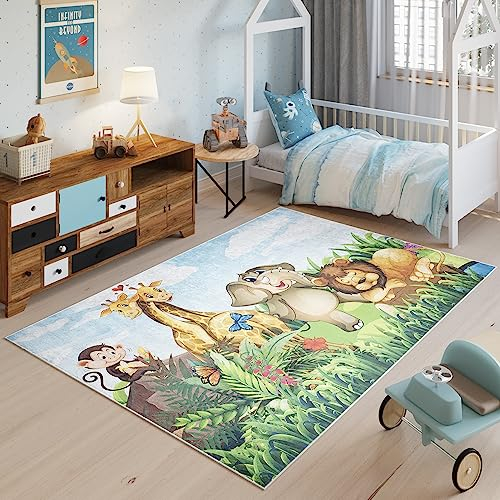 TAPISO Emma Teppich Waschbar bei 30 Grad Bunt Jungle Löwe Elephant Tiere bedruckter Kinderteppich Antirutsch Kinderzimmer Jugendzimmer Modern ÖKO-TEX 140 x 200 cm