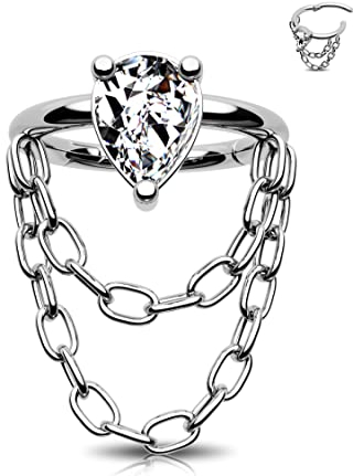 Jewseen Knorpelohrringe, Ketten-Creolen, Helix-Piercing, 316L Edelstahl, Nasenringe, 16G CZ, Scharnier-Segmentring, Kette, baumelnde Ohrringe für Damen und Herren, 8 mm/10, 10 mm, Zirkonia