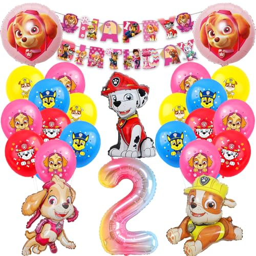 Hund Patrol Luftballons 2 Geburtstag Deko,Folienballon Zahl 2,Cartoon Luftballons Geburtstag Deko 2 Jahre für Mädchen Junge,Happy Birthday Banner für Dekoration Kindergeburtstag Party