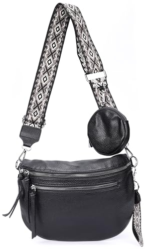 irisaa Umhängetasche Damen Crossbody Bag, 3 in 1 Schultertasche, Bauchtasche mit Reißverschluss und Verstellbarem breitem Gurt, Handtasche für Männer Frauen, DKB Farbe:Schwarz Doppel