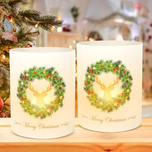 LOHAME 12 Stück Weihnachtsdeko Teelichthalter Weihnachten Tischdeko Teelicht Weihnachtsdekoration Windlichter Innen Garten Merry Christmas Weihnachtskranz Dekoration für Teelichter LED Kerzen
