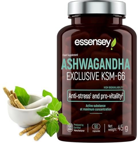 Essensey Ashwagandha Exclusive KSM-66 - Premium Stress Management and Vitality Boost Supplements, 90 Vegetarian Capsules for Optimal Relaxation, Energy, and Well-Being