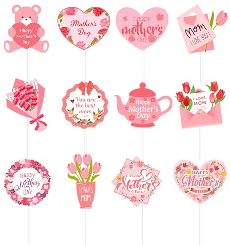 Hzloyat 36 Pcs Happy Mother's Day Cupcake Toppers Decorations-Mom I Love You Thanks Mom You are the best mom Topper Picks for Mother's Day Theme Mom Birthday Party Cake Decorations （Style 3)
