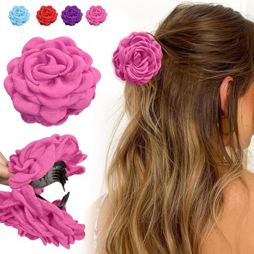 Clips de Pelo con Rosas, Pinzas para el Pelo con Flor de Rosa, Accesorios para Mujeres y Niñas (Rosa, Unos 9 cm)