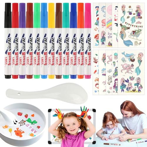 12 Pièces Stylo Magique de Peinture à l'eau, Stylos à Peinture à l'eau Magiques Créatifs,Feutre Magique Enfant Lavables avec Cuillère et 10 Tatouages de Sirène pour Dessiner