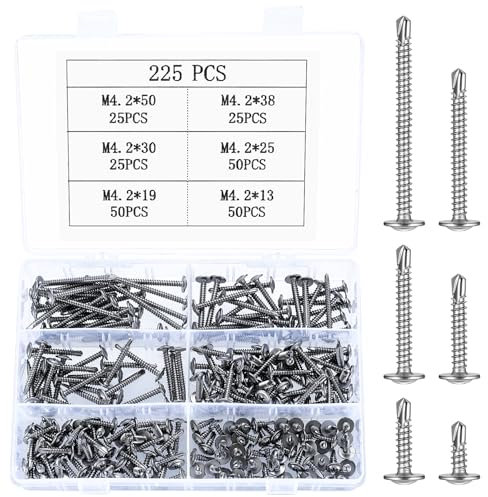 225 Pièces Vis Autoforeuse Metal, M4,2 Vis Autotaraudeuse, Vis Autoperceuses, Vis à Tête Plate Phillips, Vis Autotaraudeuses à Tête Cylindrique en Acier Inox pour Fixation de Tôle Métal Bois