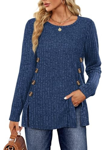 Sampeel Ladies Long Sleeve Tops Women Jumpers Symmetrical Button Down Collar Split Womens Jumper Ladies Lightweight Jumpers Size 10-12 Dark Blue