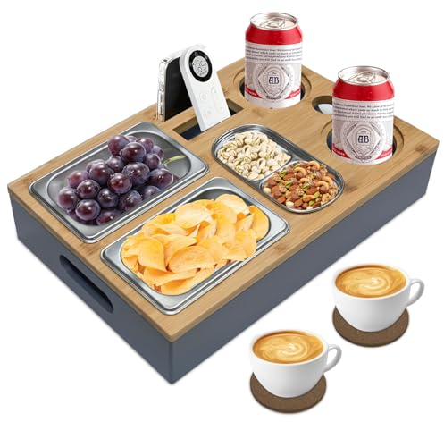 mauepersu Couchbar, Sofatablett, Couch Bar mit Snackschalen aus Edelstahl, Couch Tablett, Sofaablage für Wohnzimmer, Schlafzimmer, Garten, Camping