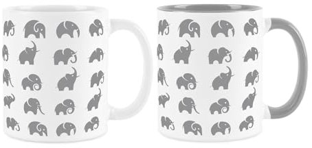 Purely Home Grey Elephants Mugs Set - Cartoon Wild Safari Animals Gift Present - Tea/Coffee White Ceramic Cups Set of 2