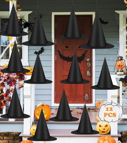 12 Stück Halloween Hexenhut Schwarz, Halloween Hängende Hexenhüte Dekoration, Hexenkostüm Zubehör, Halloween-Hexenhüte mit 100m Nylonschnur, Halloween-Dekorationen Zaubererhüte für drinnen draußen