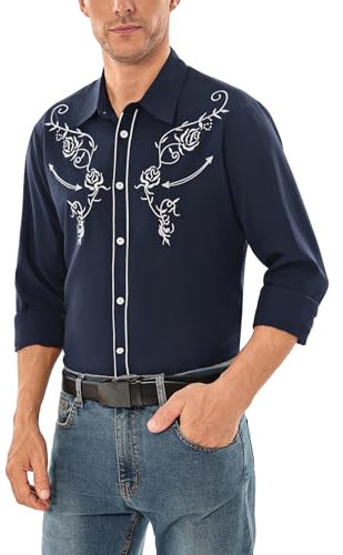 Sykooria Men's Cowboy Shirts Long Sleeve Floral Embroidery Western Shirts Vintage Casual Regular Fit Button Down Shirts, Denim Blue M