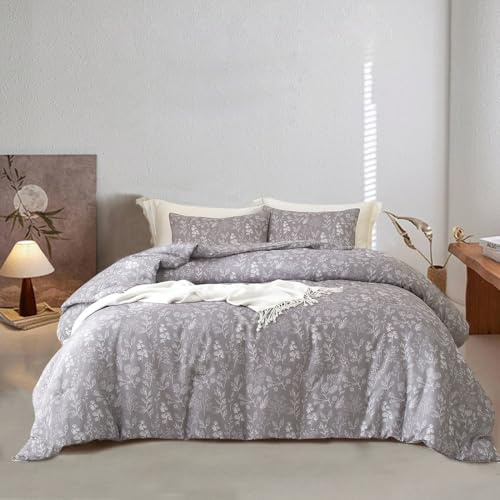 EAVD Bettwäsche-Set mit 2 Kissenbezügen, Vintage-Stil, Gartenmotiv, Grau, Blumenmuster, Queen-Size-Bett, weiche Baumwolle, schick, Shabby-Blumenmuster, frisch, wendbar, botanischer Bettbezug mit