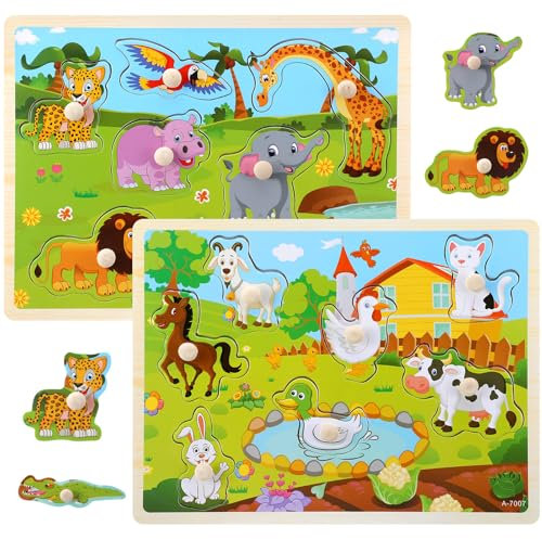 Lvefyti 2 Stücke Holzpuzzle Steckpuzzle Kinder,Greifpuzzle Holzspielzeug Cartoon Tiermuster Kinderpuzzle Lernspielzeug für Baby Kinder Junge Mädchen