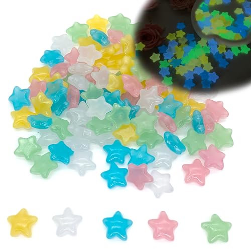DHER 100 Stück Große Leuchtende Steine, Leuchtet im Dunkeln kieselsteine Bunte Leuchtende Steine Bunte Garten Aquarium Leuchtende Kieselsteine, 2.3 CM Harz Leuchtende Steine (Sterne)