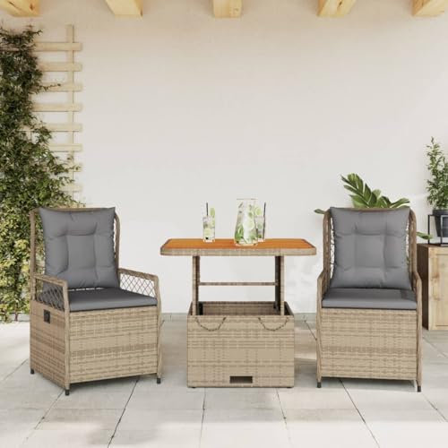 Homgoday 3-TLG. Garten-Essgruppe mit Kissen Gartenmöbel Set Balkonmöbel Sitzgruppe Gartenstuhl mit Tisch,Verstellbar, für 2 Personen, Terrassenmöbel Gartengarnitur Beige Poly Rattan