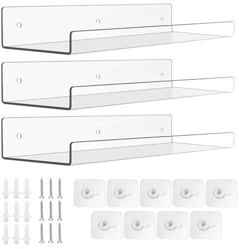 Acryl Wandregal Transparent, 3 Stück Schwebendes Regal Wand, 30 x 10cm Schwimmendes Bücherregal aus klarem Acryl, Wandregal Ohne Bohren, Für Wand Bücherregale, Fotodekorationen, Zeitschriftenständer