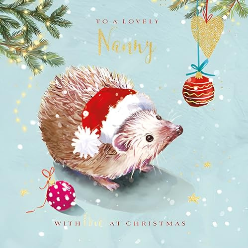 Nanny Christmas Card - Special Finish - Hedgehog and Baubles - Artistic Festive Design - Made in the UK - Eco-Friendly