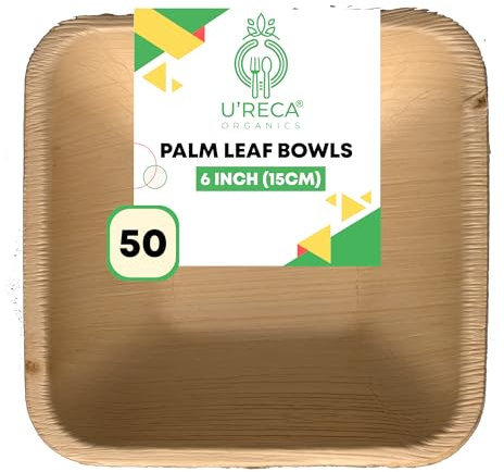 U'reca Organics Eco-Friendly Areca Palm Leaf Square Bowls | 6 - Pack of 50 | Perfect for Serving Pasta, Rice & Desserts | Heavy-Duty, Biodegradable, Plastic-Free