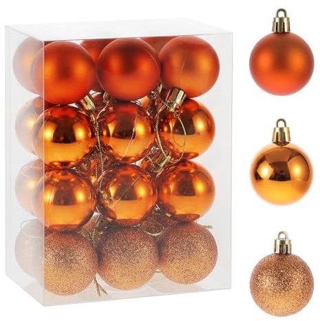 RELONGGI Christmas Tree Baubles, 24pcs 4cm Pre-Strung Baubles, 3 Style Shatterproof Ornaments for Birthday, Halloween, Holiday, Wedding, Christmas Tree Decorations (Orange, Small)