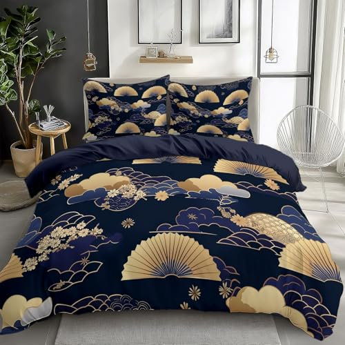 Quixora Parure de lit 2 Personnes - Housse de Couette Motif Nuages en éventail Japonais Bleu Pierre foncé + 2 Taies d'oreiller 65x65cm, Polyester, 220 x 240 cm
