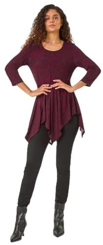 Roman Originals Women Asymmetric Top Ladies Hanky Hem Blouse Stretchy Tunic Occasion Smart Casual Summer Sprint Winter Autumn Cocktail Party Evening 3/4 Short Sleeve - Red Noir - Size 10
