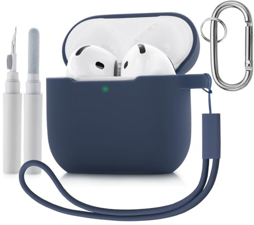 Tuocal Silikonhülle Kompatibel mit AirPods 4 2024 Hülle Case, Weich Silikon Schutzhülle Stoßfeste Dünne Cover für Airpods 4 Mit Reinigungsset, Karabiner und Schlüsselband Mitternachtsblau