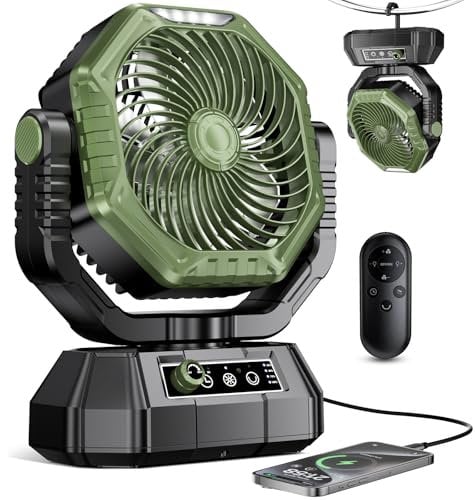 VTHW Camping Ventilator, 20000mAh Wiederaufladbarer Ventilator mit LED Licht & Haken, 270° Drehung, Stufenlose Geschwindigkeit, Timer-Modus, USB Tischventilator für Indoor Outdoor (Grün)