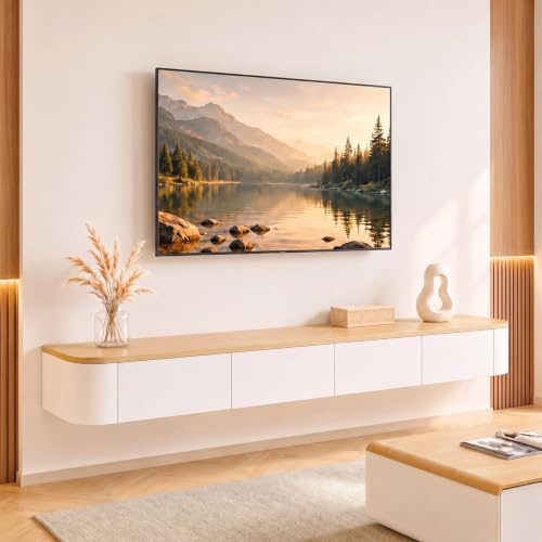 Ribanedy Mueble TV Suspendido Moderna | Consola de Medios de Entretenimiento Montada en la Pared | Banco de TV con Gran Capacidad de Almacenamiento para Sala de Estar y Oficina (Blanco Madera, 220cm)