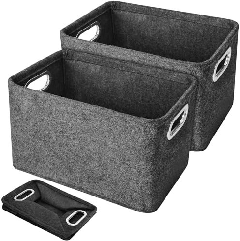 Filzkorb Aufbewahrung, 2 Stück Filz Aufbewahrungsbox mit Griff, Faltbarer Korb Aufbewahrung Filzkorb Küchenschrank Organizer Korb für Regale Schränke Haus Büro (Dunkelgrau)