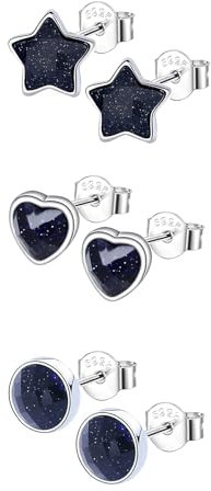 Hinvan 3 Paires Boucles et Oreilles en Argent Sterling 925 Coeurs Étoiles Clous Hypoallergéniques Ronds pour Femme Fille
