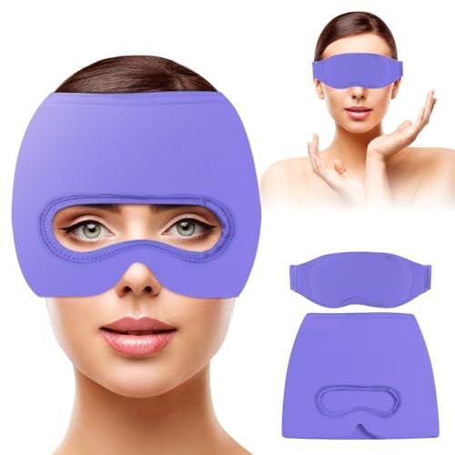Migräne Maske, 3 in 1 Kopfschmerzen Maske, mit Abnehmbarer Augenmaske | Wiederverwendbare Migräne Mütze Migraine Relief Cap, Migräne Kühlmaske, zur Linderung von Stress und Kopfschmerzen, Lila