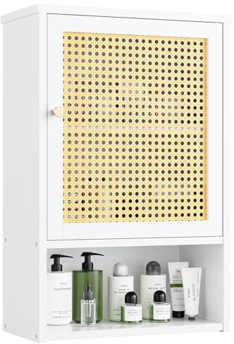 vovala Armoire Murale de Salle de Bain en Bambou avec Portes en rotin et étagère réglable, Armoire à Pharmacie économiseur d'espace pour Linge, Cuisine, Salon (Blanc)