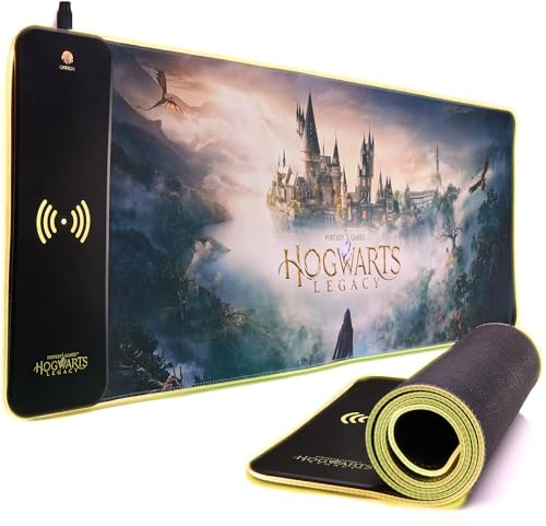 Alfombrilla de Juego Hogwarts Legacy XL RGB con Cargador inalámbrico de 15W | LED Personalizable, Antideslizante, Resistente a derrames