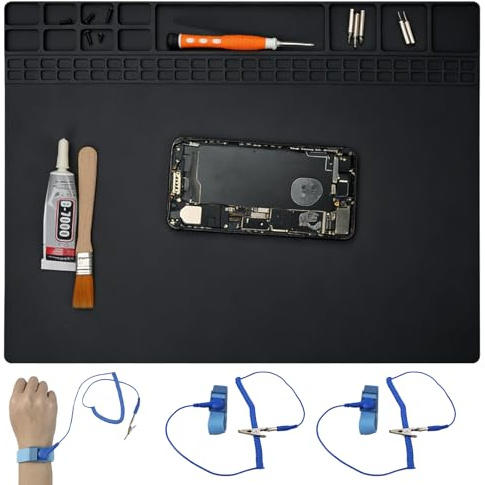 Antistatik Matte ESD-sicher für Elektronik mit ESD-Armband und Erdungskabel, Hitzebeständige ESD-Lötmatte, Großes Arbeitsfläche für Computer Laptop Mobiltelefon iPad Reparaturen, 400×300mm