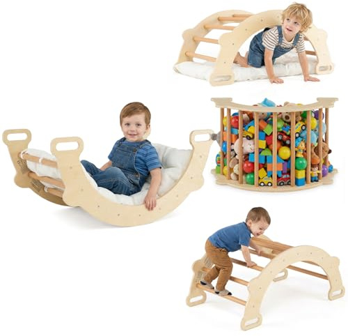 COSTWAY 3 in 1 Arco da Arrampicata per Bambini in Legno (Stile 2 Naturale) | Altalena ad Arco con Cuscino Morbido, Doppia Faccia, Ideale per Bambini 3+ Anni